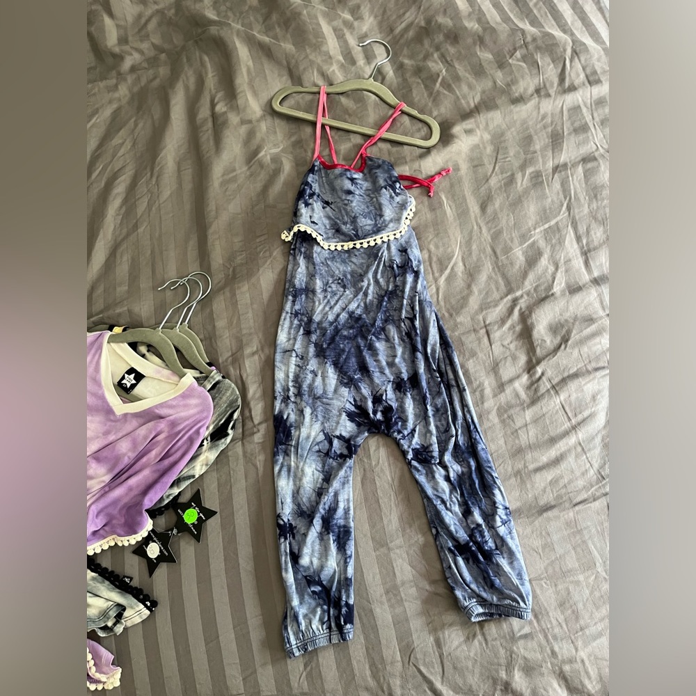 NWT PixieLane halter long pant jumpsuit w fringe, blue tie dye print size 2/3t
